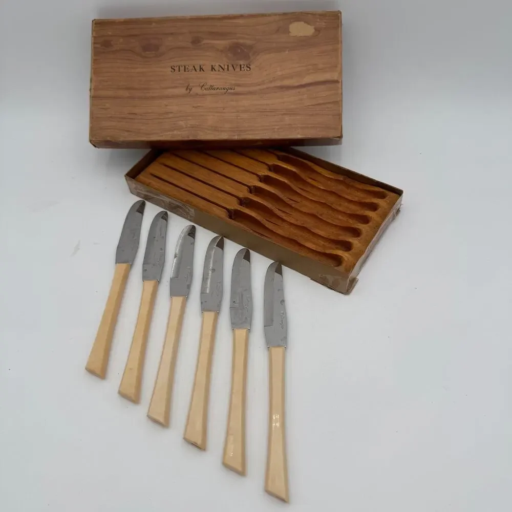 Mid Century Cattaraugus Steak Knife Set (6) in Wooden Holder w Box MCM